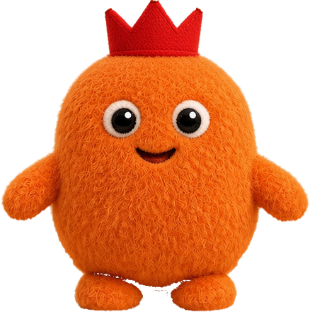 Nib, a fuzzy orange friend wearing a red felt crown, waving hello